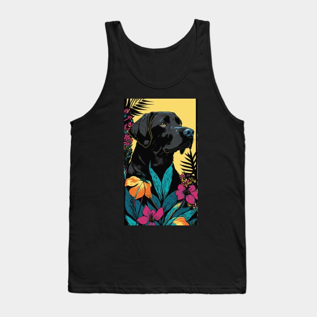 Black Labrador Retriever Dog Vibrant Tropical Flower Tall Retro Vintage Digital Pop Art Portrait 3 Tank Top by ArtHouseFlunky